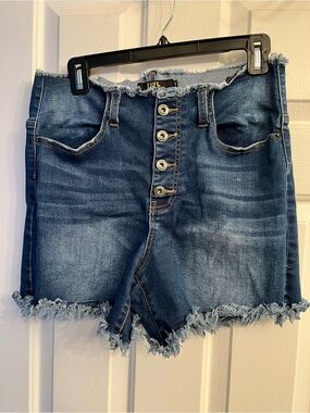 L&B Dark Blue Frayed Button-Front Jean Shorts